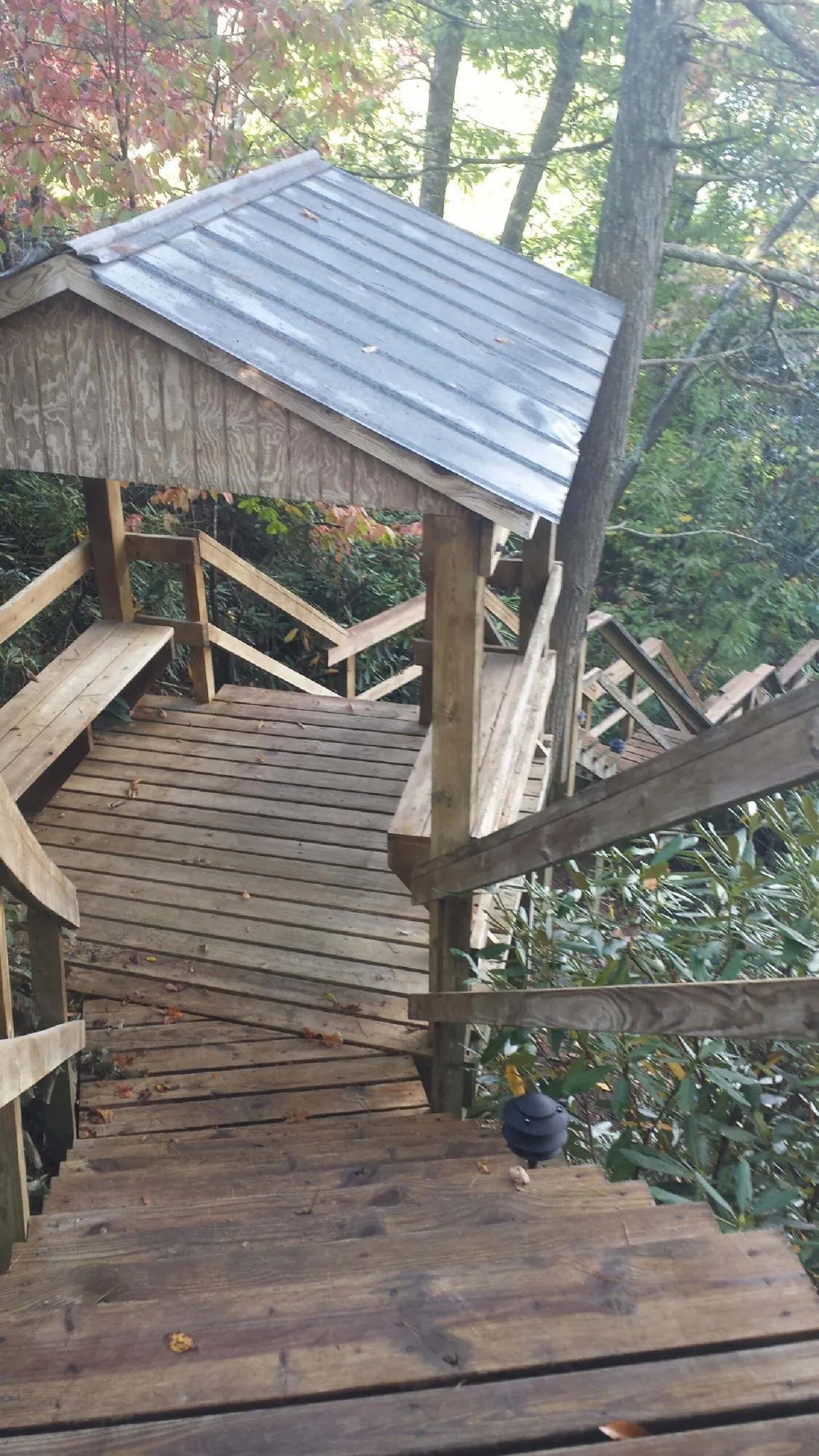 Metal roofed shelter over wooden steps on a wooded walkway — Skylight Repair & Installation work by our crew in Pilot